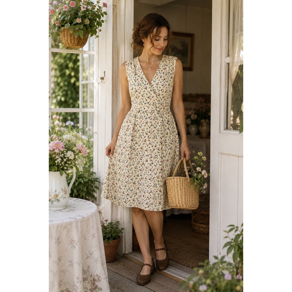 Peri Petites Floral Faux Wrap Vintage Style Dress Women 14 Cream Cottagecore